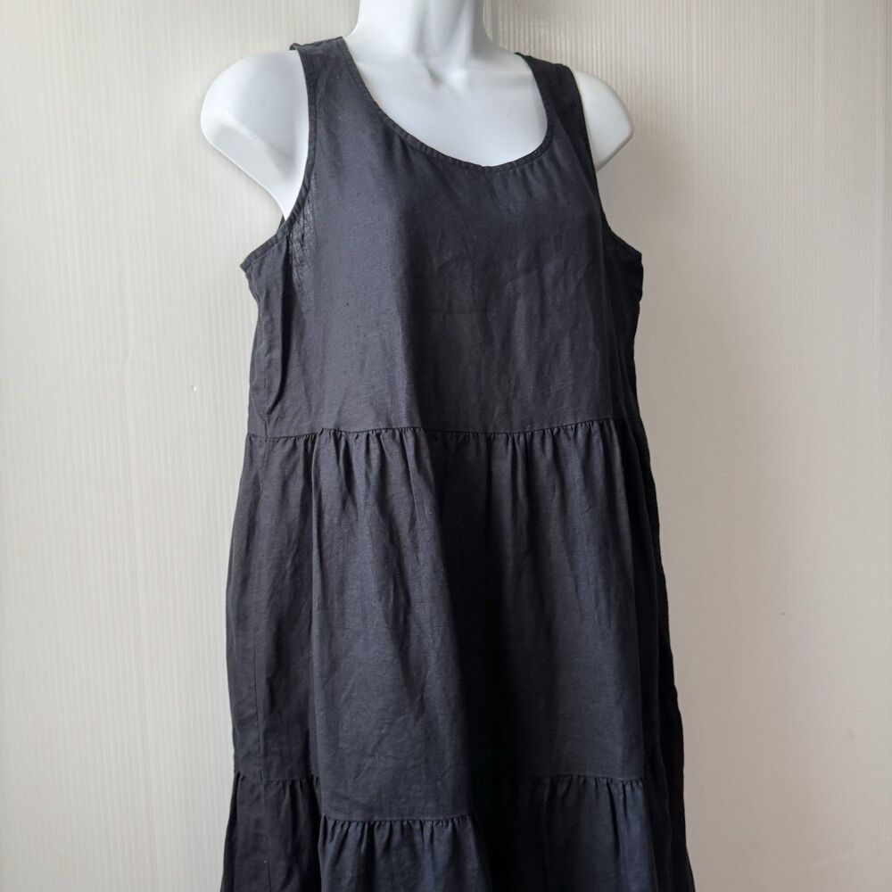 Eileen Fisher Linen Tiered Dress Womens Sz Small Black Midi Coastal Minimalist - Picture 14 of 15